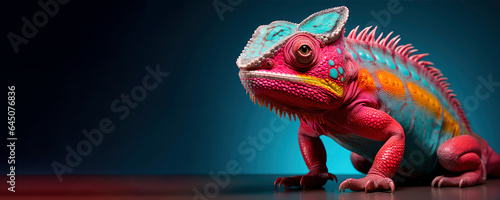  chameleon full body, frame within shot, colorful, aligned right, blue background.