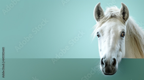 text space for advertising with funny part as portrait of a horse peeking over a colored panal