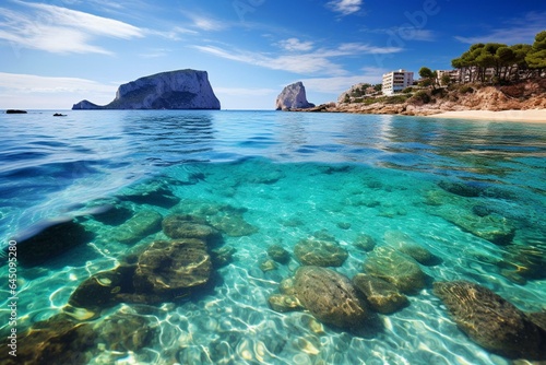 Beach paradise on Ibiza island, Spain. Generative AI