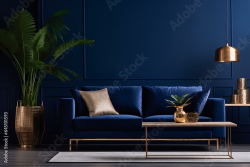 Stylish living room with blue velvet sofa, side table, plants, and modern accessories. Dark blue wall with copy space. Generative AI