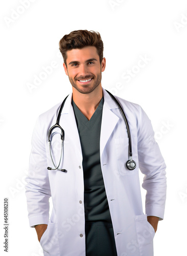 Handsome doctor posing with medical gown and stethoscope. Isolated white background