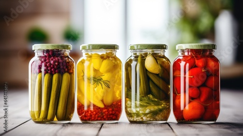 Home conservation for the winter. 4 glass jars with canned vegetables cucumbers, tomatoes, herbs, spices. Healthy food. Food blogging, cookbook, magazine.