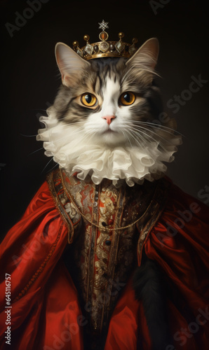 Illustration of a grey white tabby cat wearing a red dress in medieval fantasy style