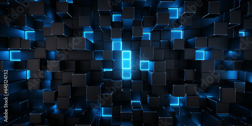 Abstract dark blue background with glowing cubes. 