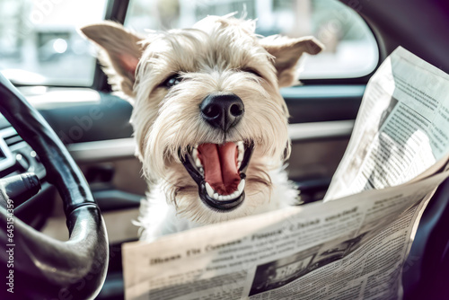 Dog sitting in the car laughing at an article in the newspaper.