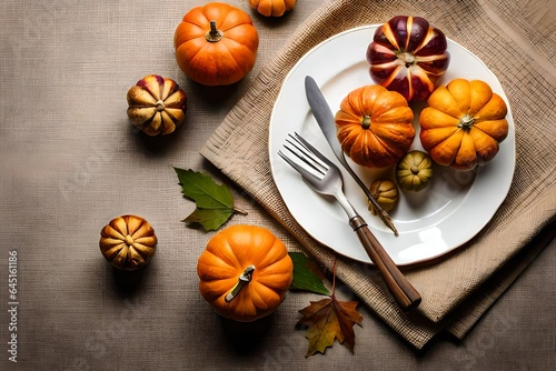 Festive fall autumn Thanksgiving table setting place setting with miniature pumpkins and ornamental squash, traditional white china plates, wrought iron fork and knife silverware and linen napkin on t