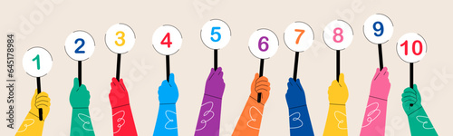 Numbers in hands. Numeric scorecard for judge competition. Jury results. Colorful vector illustration
