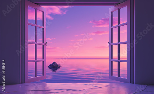Open window with tropical landscape and ocean in vaporwave style. Purple sundown in 90s style room, vacation calmness frame
