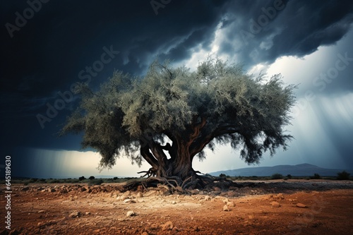 Árbol olivo centenario aislado en un día de tormenta