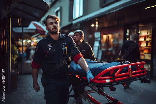 A paramedic carrying a stretcher with an injured person