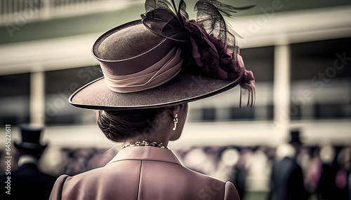  woman in beautiful hat at ascot racecourse, attending horse racing from behind. generative ai.