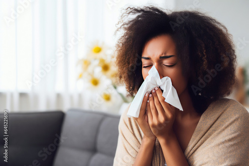 African American woman unwell with a runny nose and fever