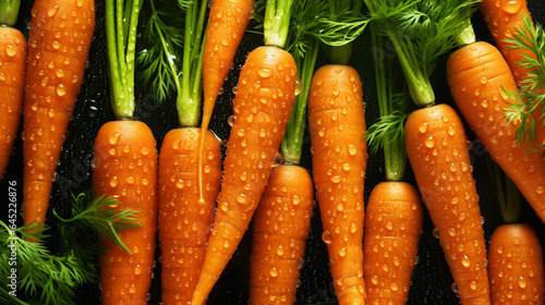 Fresh orange carrots with water drops background. Vegetables backdrop. Generative AI