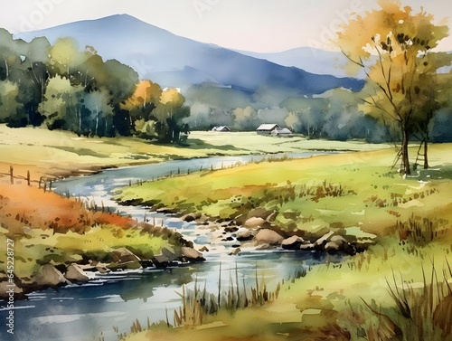 Watercolor painting of a landscape with a mountain river in autumn.