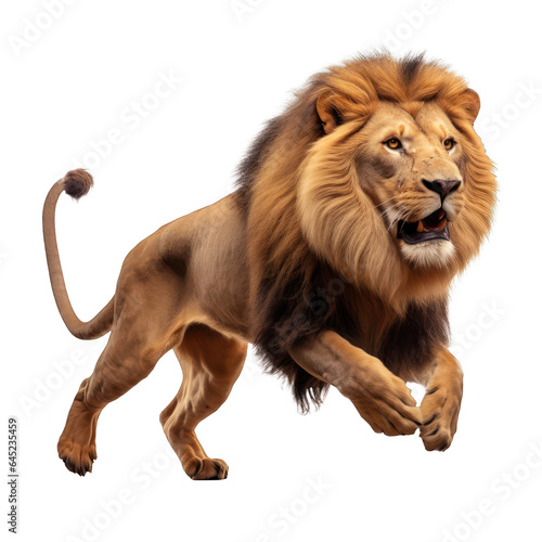 majestic african lion running towards camera, isolated on transparent png background, generative ai