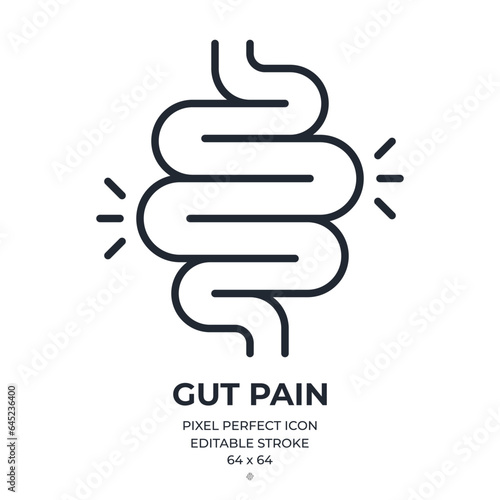 Gut pain, colitis, constipation editable stroke outline icon isolated on white background flat vector illustration. Pixel perfect. 64 x 64.