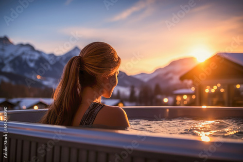 Serene winter relaxation, woman finds solace amidst snowy mountain backdrop
