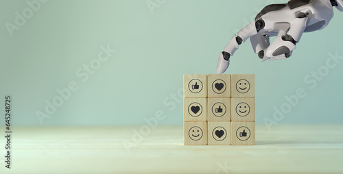 Social media engagement, Digital marketing concept. Robot placing the wooden cube blocks with emoticons, automated creating social media platforms to build relationships and drive sales.