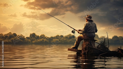 Fisherman employs a fishing rod holder to ensure his rod remains steady and secure, bait, worm, summer, catfish, shore, river, seine, carp, poacher, pond. Generated by AI.