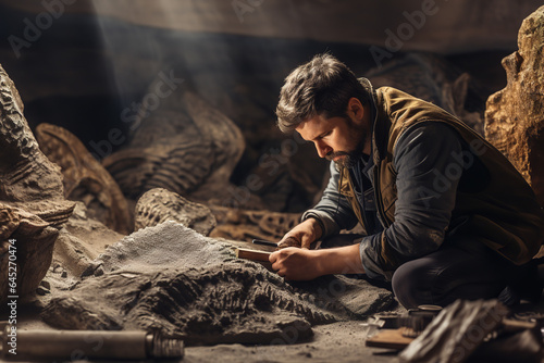 Amidst layers of ancient rock, a focused paleontologist gently excavates a fossil, hoping to unravel secrets from Earth's prehistoric past