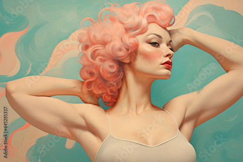 Strong fitness feminist empowered muscular woman with pink hair showing and flexing biceps muscles, green aquamarine background