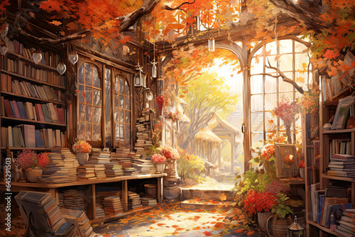 Autumn bookshop, watercolor style