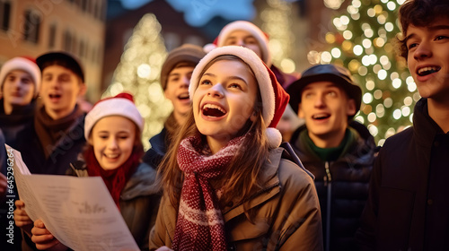 Teenagers Carolers singing traditional songs in city street on christmas eve