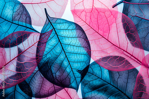 Macro leaves background texture blue, turquoise, pink color. Transparent leaves of the skeleton.Generate Ai