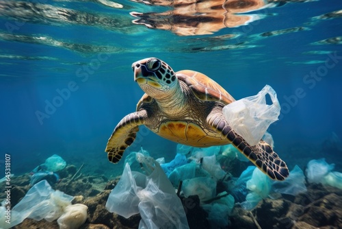 pollution of the world ocean, sea turtle swimming in dirty water, water contaminated with household garbage, plastic bags and bottles, environmental disaster