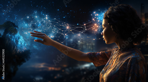 Woman's Hand Touching the Metaverse Universe Representing Digital Transformation in the Next Generation Tech Era