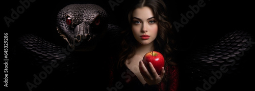 Original Sin Symbolism. Woman Called Eve Holding a Red Apple, With A Snake Serpent. Black Background, Religion. 