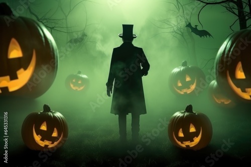silhouette man in top hat with smoke and pumpkins. Halloween costumes.flyers postcards for parties