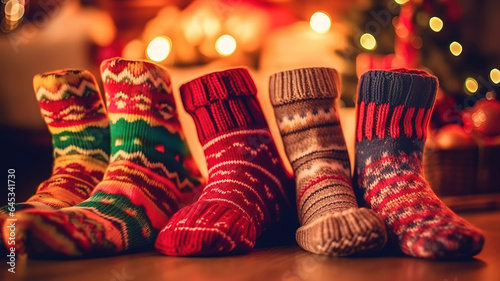 Woman at home. feet in christmas socks near fireplace. relaxing and comfort. Generative Ai