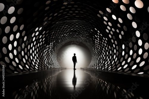 A man stands inside a black and white perspective tunnel