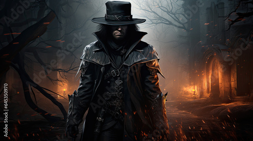 a vampire hunter in black clothes in gloomy surroundings