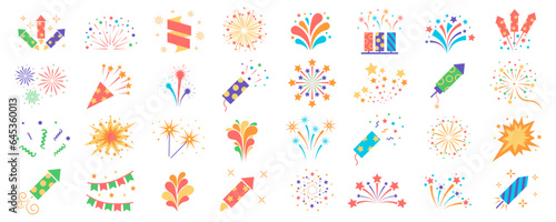 Set of firework icons, celebration, party, happy new year. Vector set
