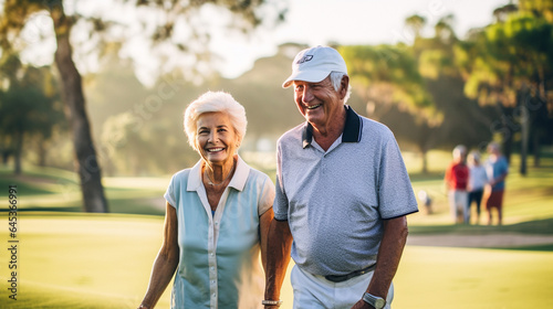 Two retirees playing a round of golf, showcasing their skill and camaraderie on the fairway, elderly couples