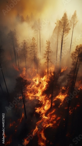 A blazing forest engulfed in flames with towering trees