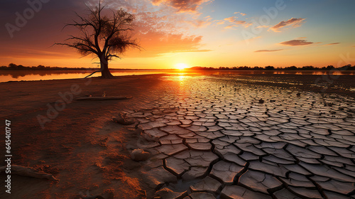 The sun sets setting over a lake it shows the dry cracks in lake bed, On a clear. Generative Ai