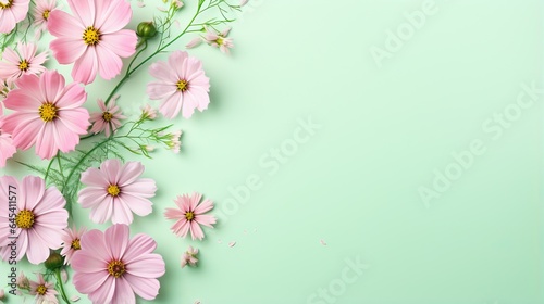  a bunch of pink flowers on a green background with space for text. generative ai