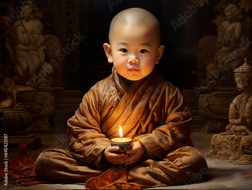 A little Chinese monk captivates with his serene expression. In mesmerizing and realistic oil painting, it conveys the wisdom and tranquility of a little monk in inner peace.