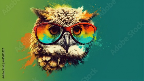  an owl wearing a pair of colorful glasses on its face. generative ai