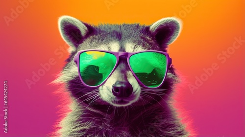 a raccoon wearing purple sunglasses and a pink background. generative ai