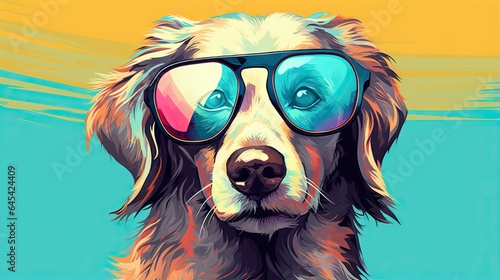  a dog with sunglasses on its head and a yellow background. generative ai
