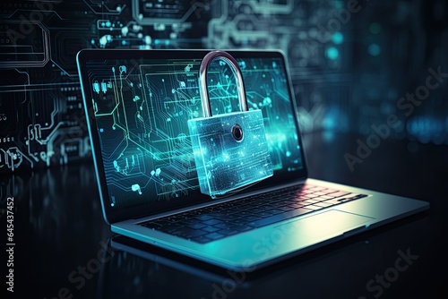 Laptop with digital padlock, data and cyber security concept, transparent background, passwords management, business documents, online security.