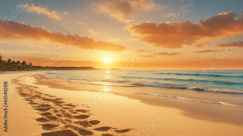 Closeup sea sand beach. Inspire tropical beach seascape horizon. Vacation travel holiday banner. Panoramic beach landscape. 