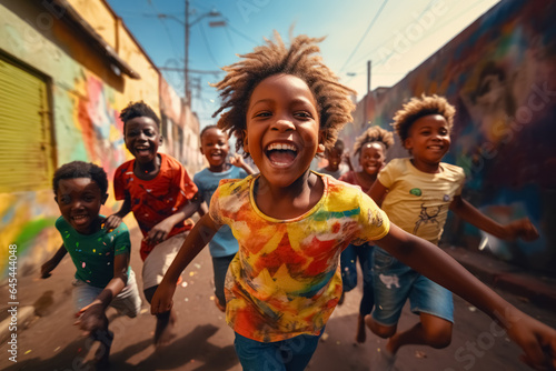 Group of happy black children laugh and run down the street in slum, fun carefree childhood