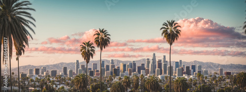 Panoramę Los Angeles z palmami na pierwszym planie