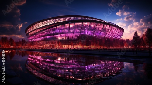 A stadium with a purple roof and lights that says the world cup on it.