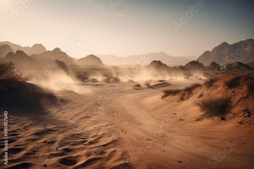 A dusty desert road stretching into the horizon
